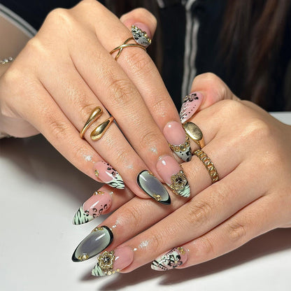 Nude Pink Press On Nails with Black Floral and Gold Charm | 3D Elegant Nails in Almond Shape | Handmade Nails for Party, Wedding | JC333NC