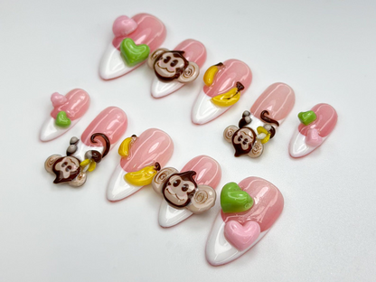 Cute Monkey Pink Cute Press On Nails | Cute 3D Banana Monkey Nails | Pink & Green Heart Nails | Kawaii Jungle Vibe | Cartoon Nails | JB811HC
