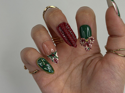 Red & Green Holiday Press On Nails For Christmas | 3D Christmas Nail Art  | Gingerbread & Bow Press Ons | HB1198HC