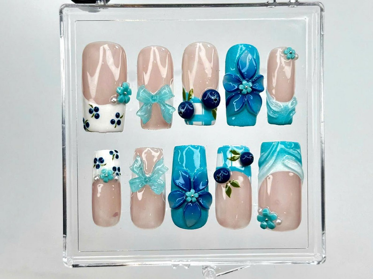 3D Blue Flower Press on Nails | Elegant Blue Floral Nail Art | Handmade Summer Nails | Gift for her | Summer Vibes | Beach nails | HB967DK