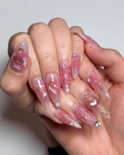Moon & Star Romantic Press On Nails | Pink Fantasy Nail Art | Magical Soft Girl Press Ons | Pearl Dreamy Nail Set | Soft Girl Nails |JC833HC