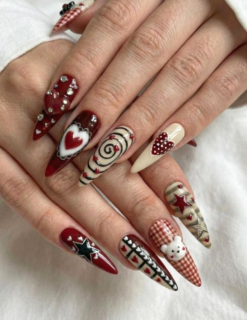 Nail Tabs for Press On Nails – Cherry Heart Teddy Gingham Nude Red Valentine Nails
