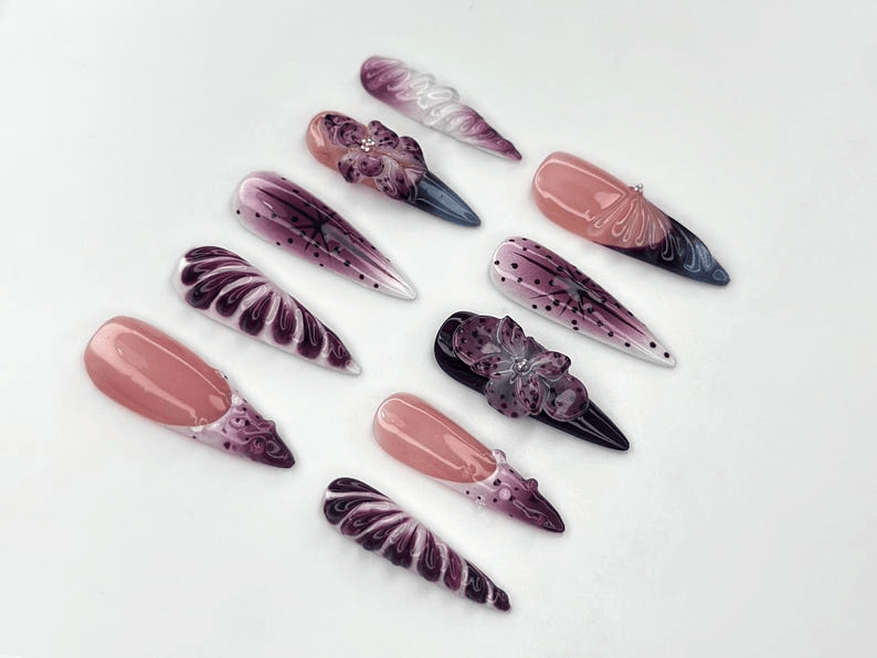 Elegant Purple Bloom Press On Nails | 3D Floral Ombre Nail Art | Nude Pink Handmade Nails | Luxury Artistic Long Set | JB1152BK