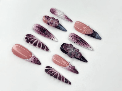 Elegant Purple Bloom Press On Nails | 3D Floral Ombre Nail Art | Nude Pink Handmade Nails | Luxury Artistic Long Set | JB1152BK
