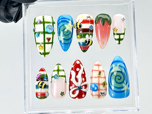 Whimsical Summer Picnic Press On Nails | 3D Strawberry & Bee Fake Nails | Colorful Gingham Nail Art | Candycore Vibes Press Ons | HB897YC