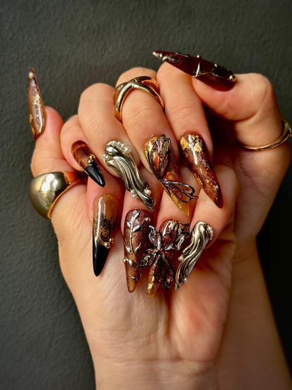 Autumn Butterfly Press On Nails | Luxury Handmade Brown Nails | Nature Inspired Stiletto Press Ons | Elegant Butterfly Design | JB168HC