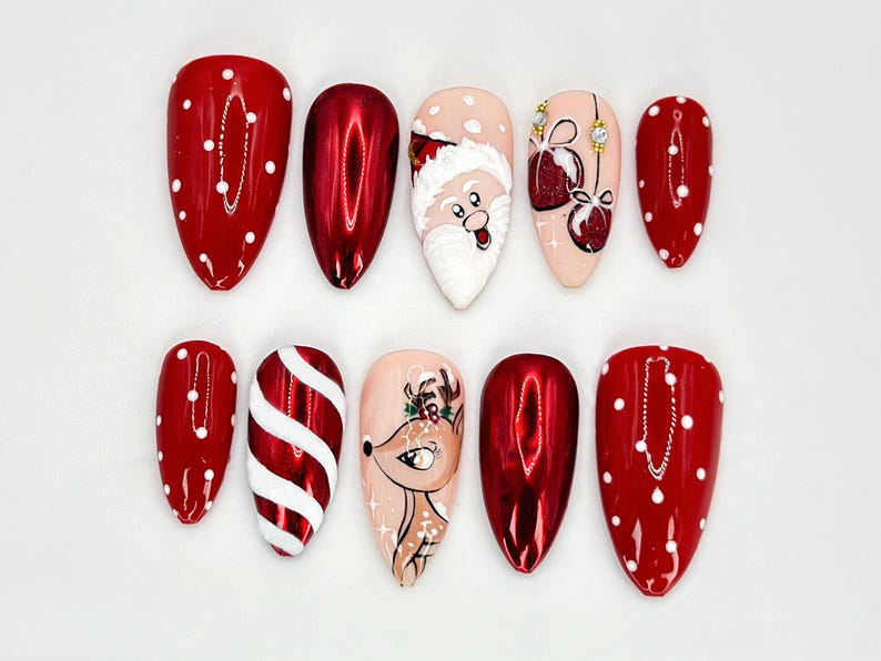 Press On Nails For Christmas | Santa, Reindeer and Holiday Ornaments Details | Christmas-Themed Nail Design l Festive Holiday Nail|JB548HC