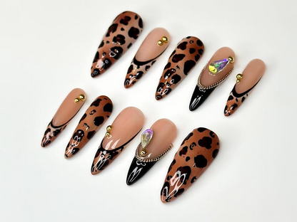 Leopard Fall Press On Nails | Animal Print Nail Art | Glam Rhinestone & Chain Nails | Handmade Long Stiletto Nails |Autumn Press Ons|JB175HC