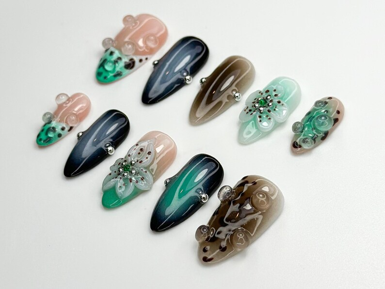 Mystic Leopard Bloom Press On Nails | Green Smoke & Gradient Nail Art | 3D Floral Nails | Handmade Moody Nail | Edgy Leopard Sesign | JC783H