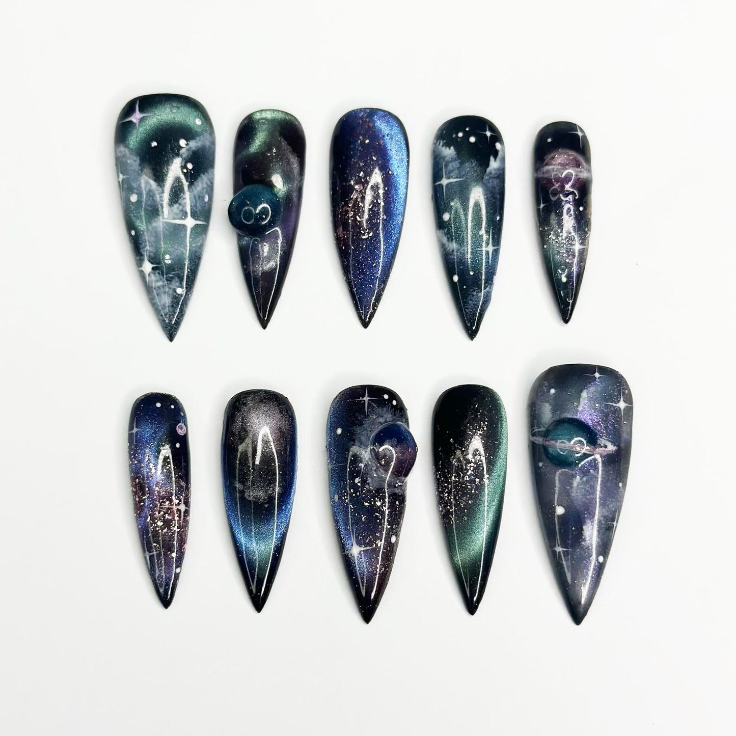 Galaxy Space Press On Nails Long Stiletto • 3D Planet Art • Nebula Milky Way Handpainted Stars • Festival Rave Party • OB1362DG