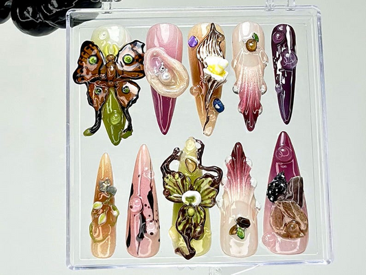 Nature Inspired Press On Nails | 3D Butterfly & Pearl Details Fake Nails | Fantasy Forest Nail Art | 3D Mushroom, Orchid Press Ons | HB933YC