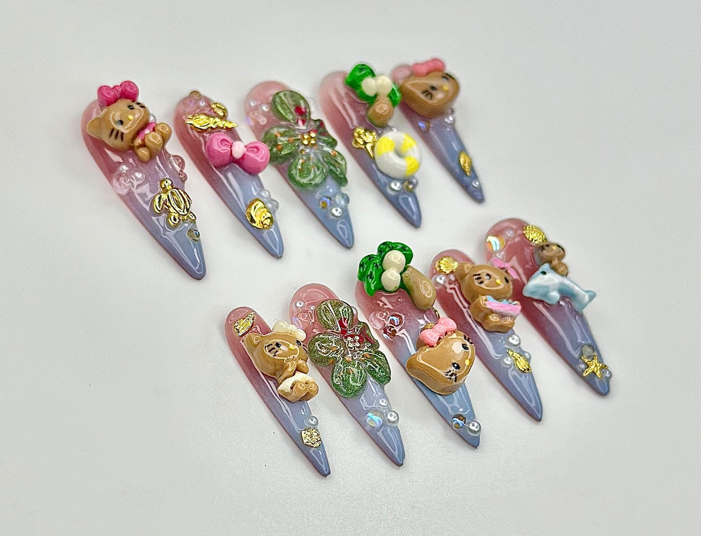 Hello Kitty Kawaii 3D Press On Nails | Tropical Cute Nail Art | Summer Ocean Theme | Tropical Flowers & Sea Animal Design | JC920EK