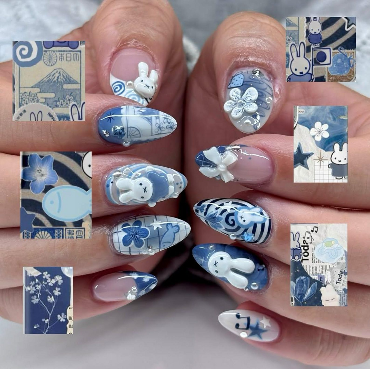 Blue Bunny Kawaii Press On Nails | 3D Rabbit Nails | Cute Cartoon Bunny Nails| Hand Painted Blue Aesthetic Nails | Easter Press Ons| JB321HC