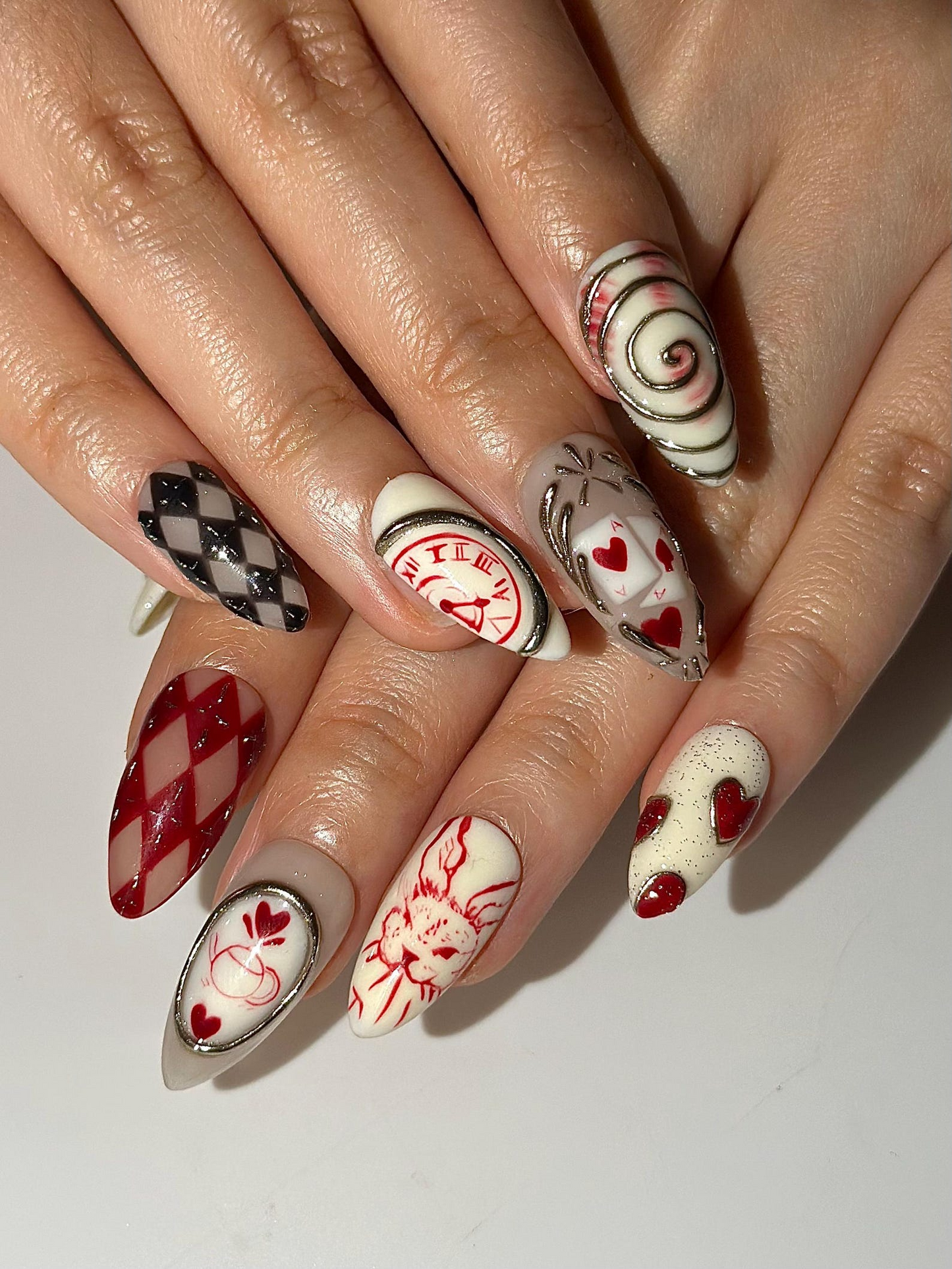 Alice Wonderland Easter Press On Nails | Playing Card Heart Nails | Red White Nails | Fantasy Swirl Set | Handmade Press Ons | HB1295HC