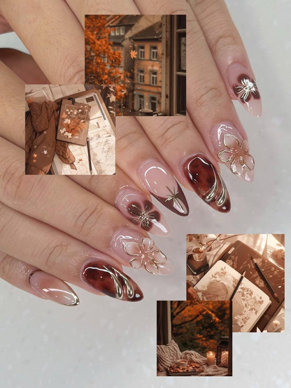 Autumn Tortoiseshell Blossom Press On Nails | Brown Nude Gradient Nail Art | 3D Floral & Metallic Accents | Elegant Long Nail Set | JB178EC