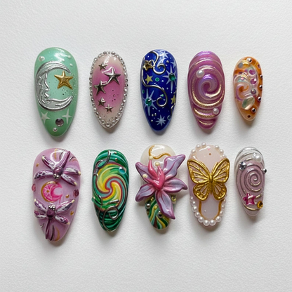 Cosmic Whimsical Garden Press On Nails | Celestial Stars & Moon Nails | Colorful Swirl Fantasy Nail Art | 3D Butterfly Flower Nails | JB270H