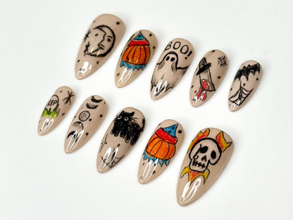 Hand-Painted Halloween Press On Nails | Ghost, Pumpkin, Cat & Skull Nail Art | Unique Handmade Nail | Horror-Inspired Nail Art | JB188HK