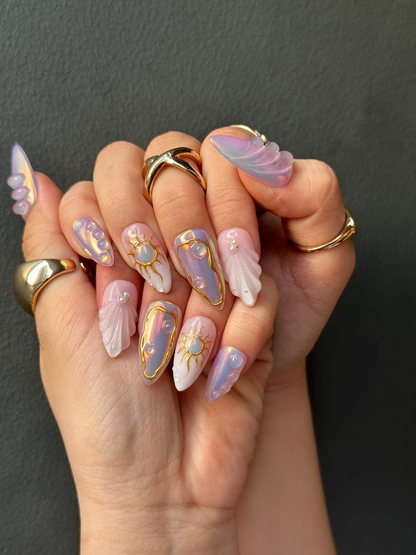 Iridescent Sunshine Press On Nails | Golden Sun Nail Art | Sunshine & Waves with Gold Accents | Handmade Unique Nail Set | HB1098HC