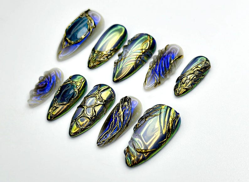 Midnight Armor Press On Nails | Metallic Dragon Scale Nail Art | 3D Fantasy Sculpture Nails | Gothic Iridescent Tips | JC939EK