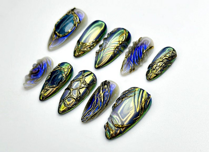 Midnight Armor Press On Nails | Metallic Dragon Scale Nail Art | 3D Fantasy Sculpture Nails | Gothic Iridescent Tips | JC939EK