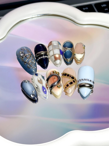 Luxury Blue Silver Press On Nails | Nude Gilded Ring Nail Art | Nude & Steel Statement Nails | High Fashion Almond Nails | JB1023EC