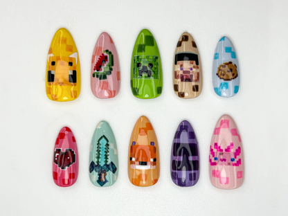 Minecraft Game Press On Nails | Pixel Game Nail Art | Cute Pixel Sword & Mob Nails | Gamer Girl Press Ons | Fun Geeky Gaming Nails | JA810HC