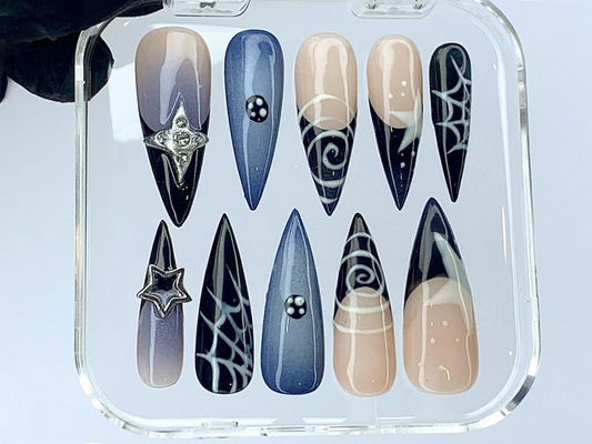 Mystic Starlight Press On Nails | French Nail Delight Acrylic | Cosmic Spider Web Nail | Unique Galaxy Nails | Trendy Y2K Nail | HC427Y