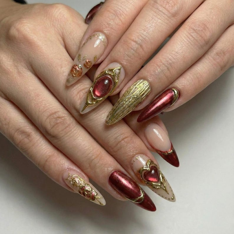 Press On Nails Adhesive Tabs – Nude Burgundy Gold Heart & Rose Chrome Long Stiletto Handmade Fake Nails for Luxury Romantic Look