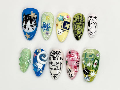 Whimsical Cartoon Press On Nails | Unique Cartoon Nail Art | Hand-Decorated with Cute Characters | Trendy Cartoon and Anime Designs |JB514HC