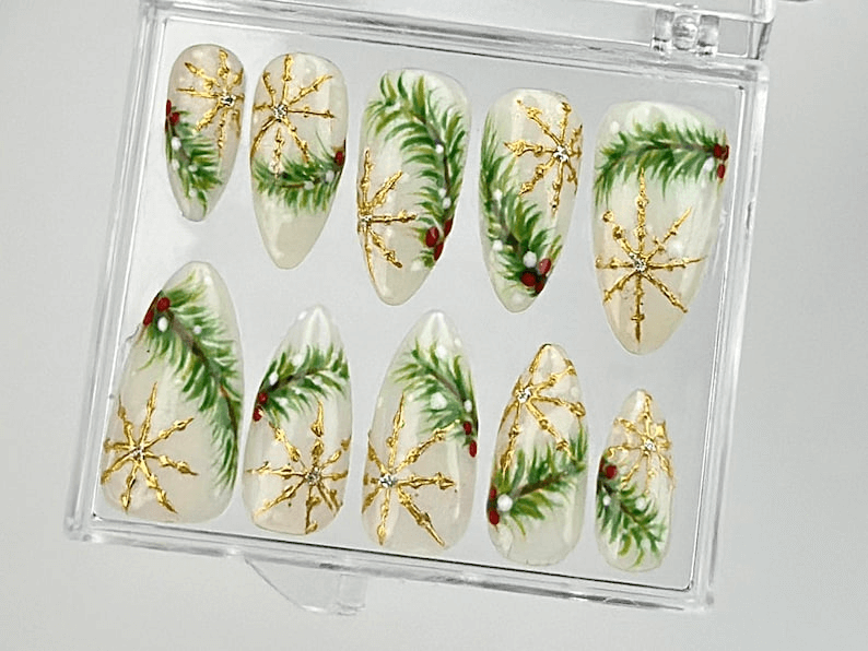 Luxury Christmas Press On Nails | Gold Snowflakes And Pine Accents Fake Nails | Festive Holiday Nail Polish | Seasonal Nail Art | HC650YC