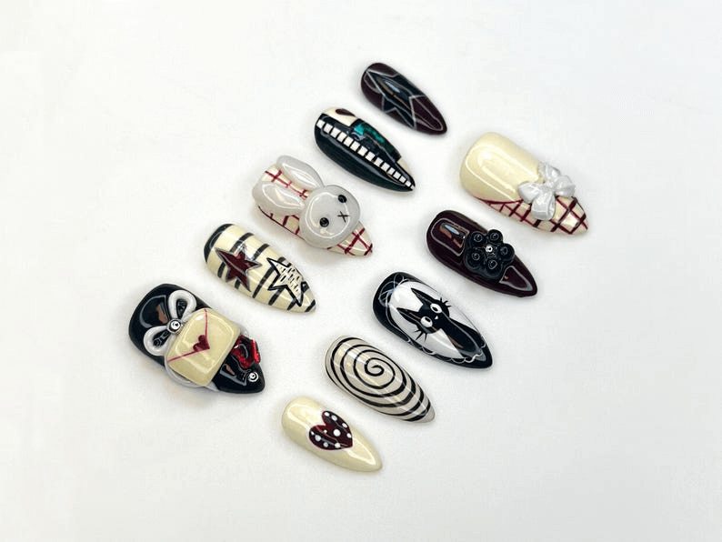Creepy Cute Press On Nails | Gothic Mask And Bunny Nail Art | 3D Bow & Spiral Nails | Handmade Halloween Nail Set | HC1157BC