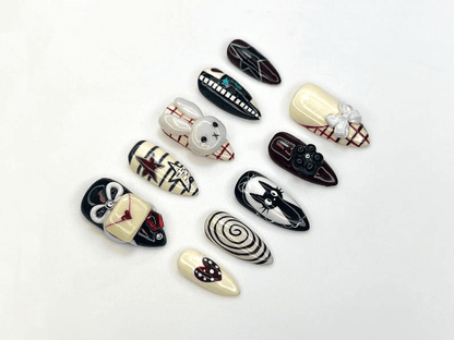 Creepy Cute Press On Nails | Gothic Mask And Bunny Nail Art | 3D Bow & Spiral Nails | Handmade Halloween Nail Set | HC1157BC