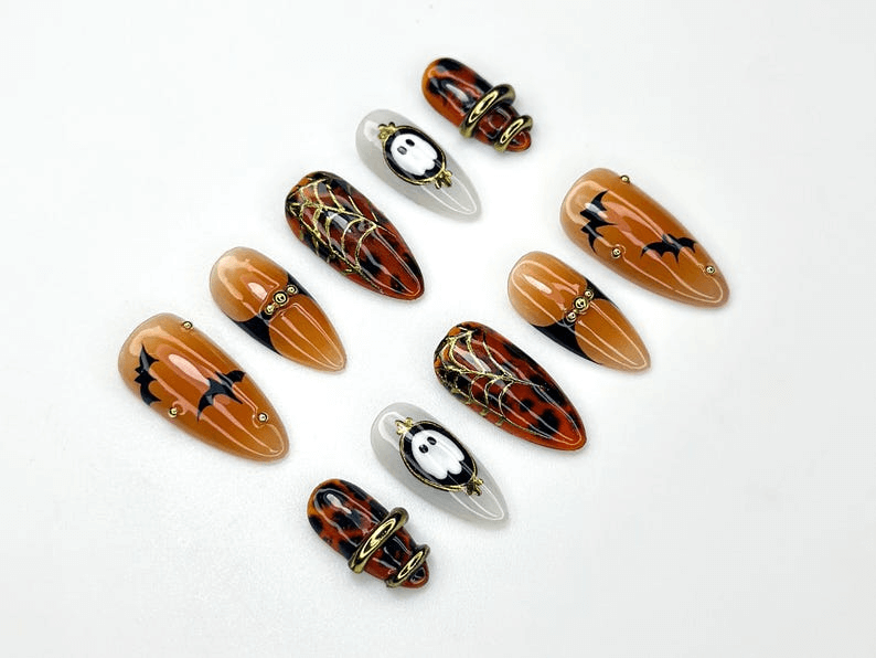 Halloween Bat Ghost Press On Nails | Spooky Spider Web Nail Art | Orange Black Fall Nails | Handmade Gothic Nail Set | JC1122BK