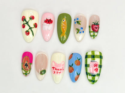 Fruit Garden Custom Press On Nails | Hand-Painted Watermelon, Strawberry & Citrus Nail Art | Vegan-Friendly Nail Designs | JB525HC