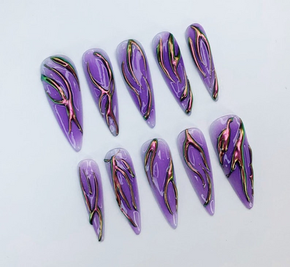 Purple Chrome Flame Press-On Nails | Long Stiletto Shape | Halloween Party Nails |Custom Hand-Painted Nails | Gothic Nail Art |Nails|JC478DK