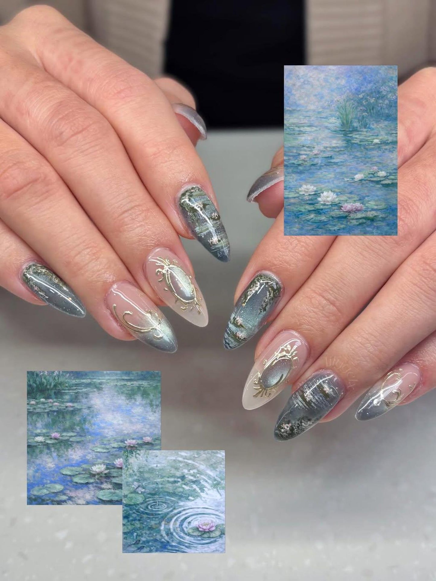 Teal Cat Eye Press On Nails | Elegant Vintage Nail Art | Ocean Marble Luxury Nails | Floral Blue Gradient Nails | Classy Press Ons | JB332HK