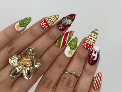 Christmas Reindeer Red Press On Nails | Red Green Christmas Nail Art | Snow & Tree Design| Holiday Glitter Nails| Winter Press Ons| HB1200HC