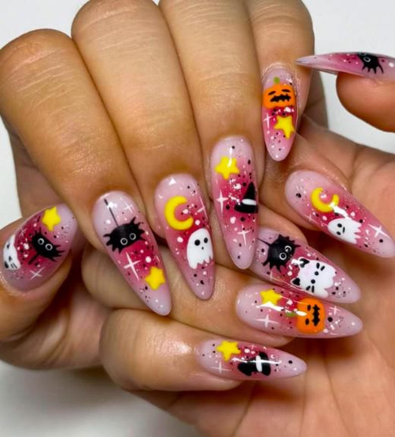 Spooky Kawaii Halloween Press On Nails | Pink Ghost & Pumpkin Nail Art | Cat and Witch Hat Cute Nails | Handmade 3D Halloween Nails |JB179EK