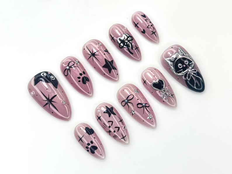 Bengals Cat Press On Nails | Holiday Chrome Pink Nails | Cute Bow & Stars Nail Art | Christmas Gift for Her | Mystic Winter Cat Press On Nails  JB1182BC