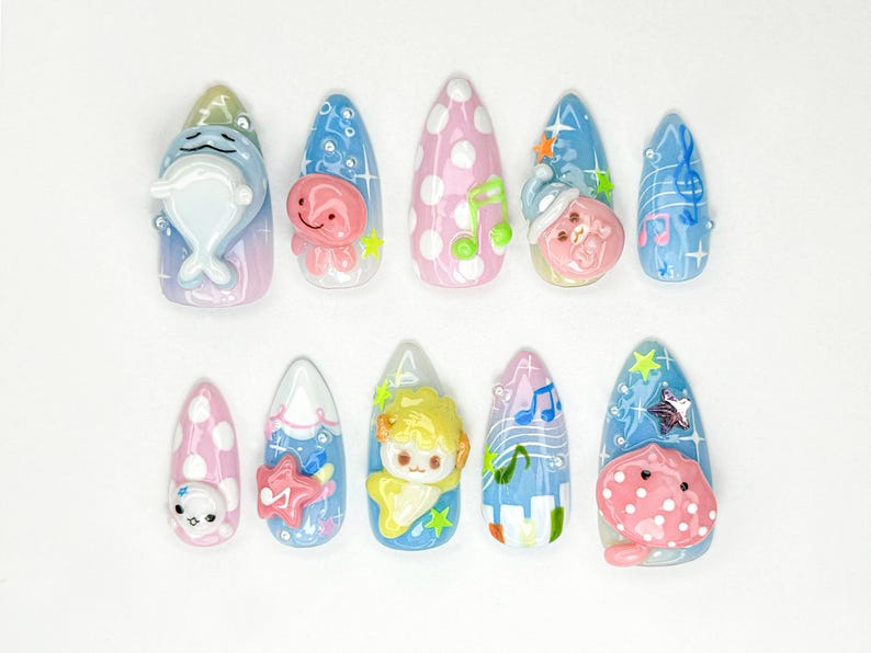 Kawaii Summer Press On Nails | 3D Pastel Marine Animals | Kawaii Sea Nail Art | Cartoon Seal Whale Jellyfish Nails | Summer Nails | JB890HC
