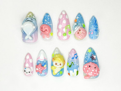 Kawaii Summer Press On Nails | 3D Pastel Marine Animals | Kawaii Sea Nail Art | Cartoon Seal Whale Jellyfish Nails | Summer Nails | JB890HC