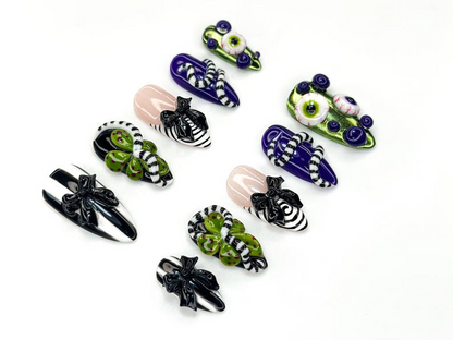Monster Ribbon Press On Nails | Beetlejuice-Inspired Nail Art | Green & Purple 3D Eyes Design | Black Bow Striped Nails |HB1165BC