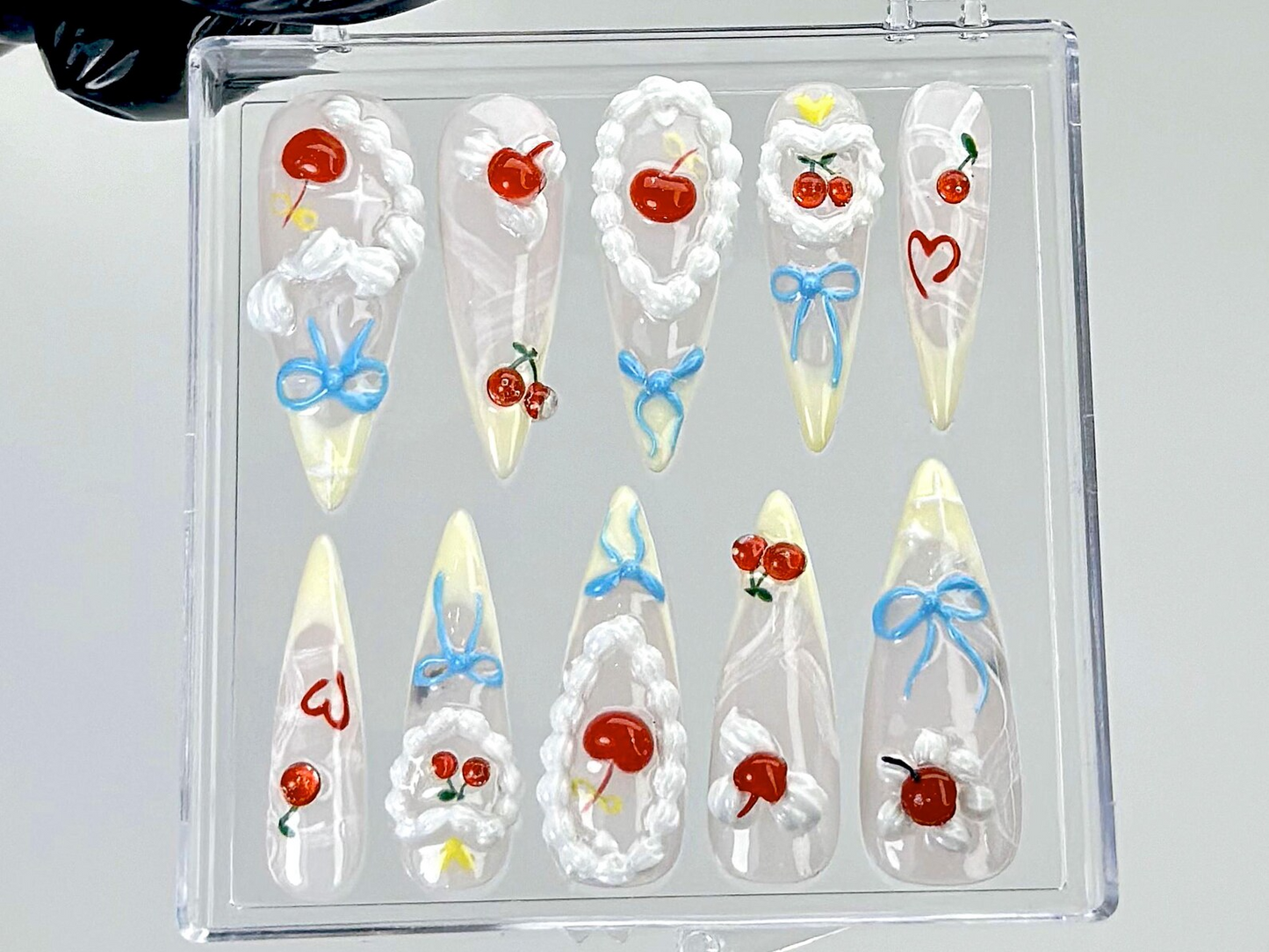 Cherry Whipped Cream Press On Nails | Cute Fruit Fake Nails | Sweet Cherry Delight Nail Art | Fun Summer Nails | Kawaii Nails | HB906YC