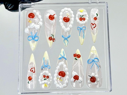 Cherry Whipped Cream Press On Nails | Cute Fruit Fake Nails | Sweet Cherry Delight Nail Art | Fun Summer Nails | Kawaii Nails | HB906YC
