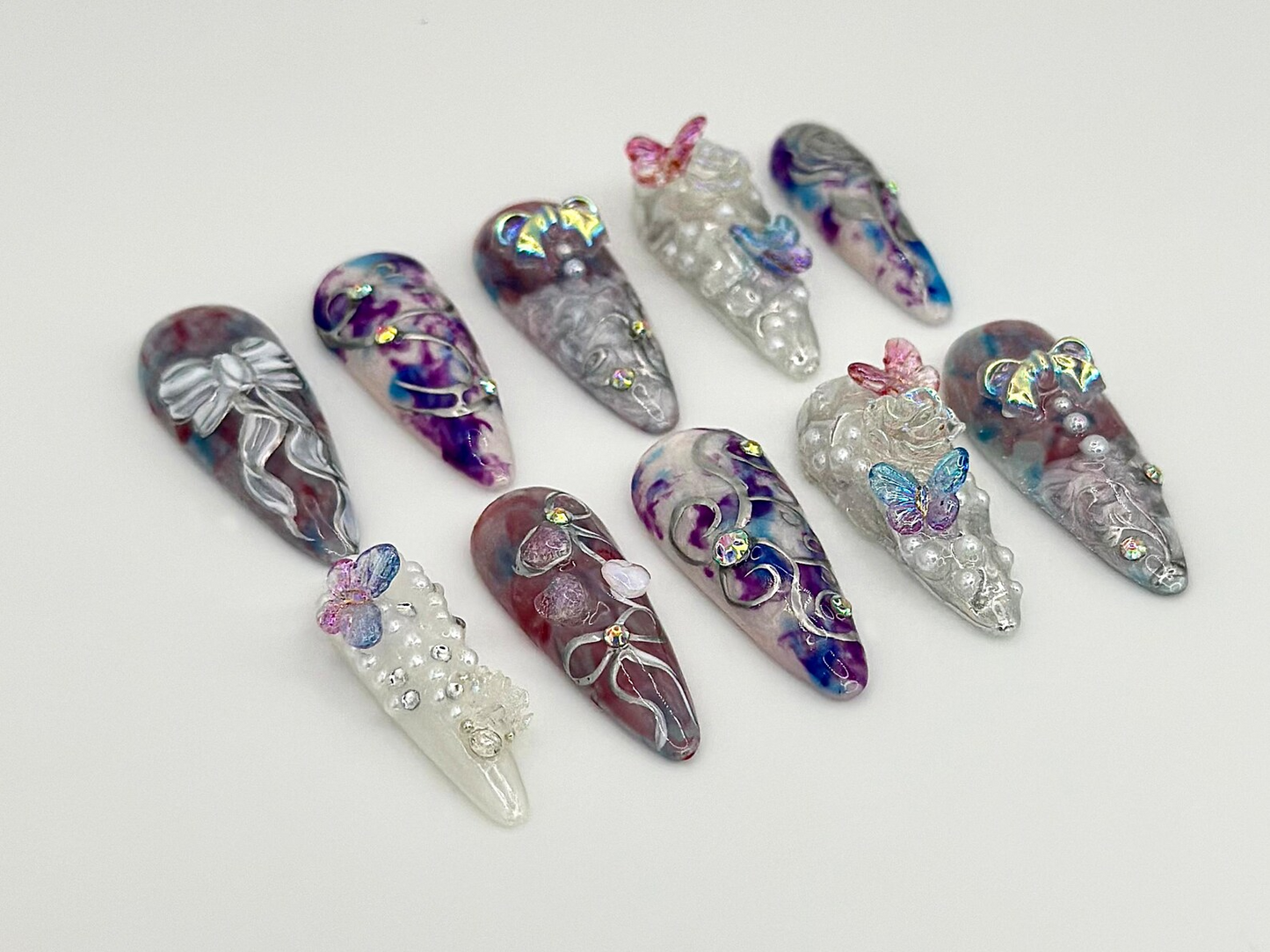 3D Butterfly & Bow Press On Nails | Artistic Bow, Rose Fake Nails | Luxury Pearl, Butterfly Nail Art | Whimsical 3D False Nails | HC705YC