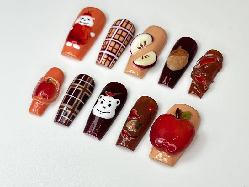 Cozy Fall Press On Nails | Apple & Bear Nail Art | Fall Plaid Handmade Press Ons | Caramel Acorn Nails | Cute 3D Fall Nail Design | JB170HC