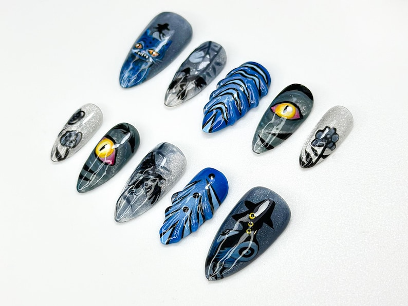 KPop Demon Hunters Press On Nails | Moonlit Demon Forest Nail Art | Handmade Fantasy KPop Nail | Long Stiletto Demon Hunter Nails | JB108HC