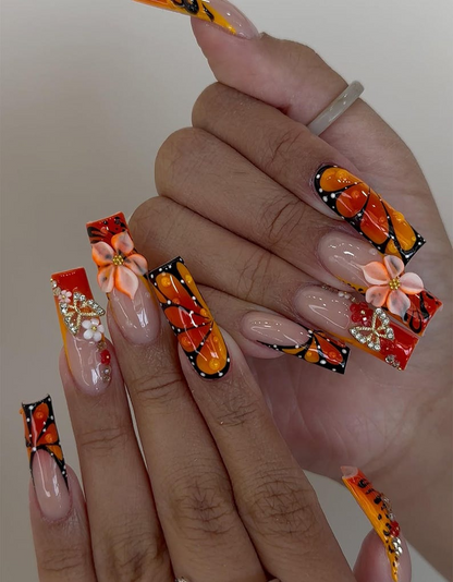 Sunset Flame Floral Press On Nails | Orange Butterfly Nails | 3D Flower & Star Charms Nail Art | Handmade Long Nail Set | JC961HK