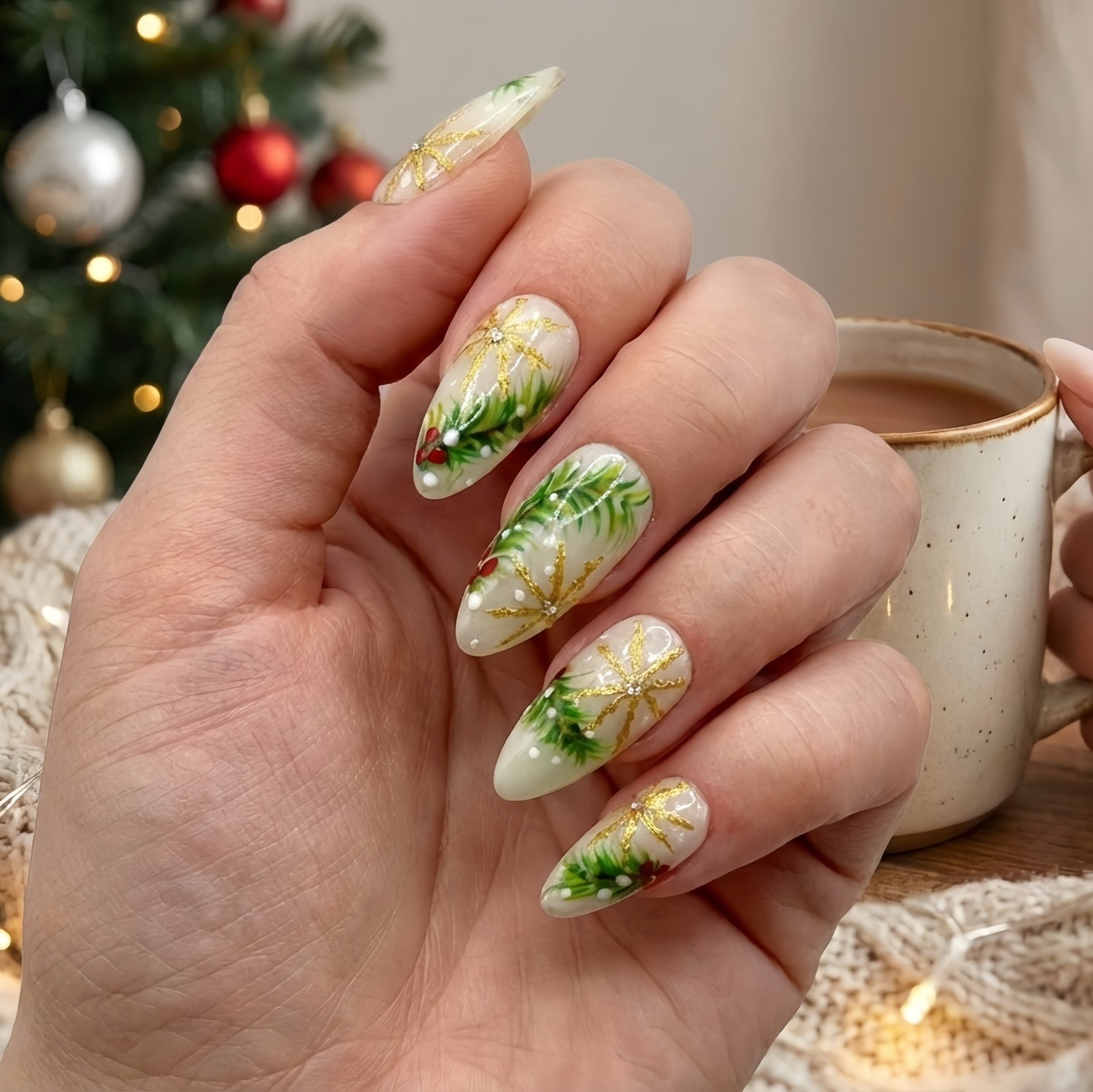 Luxury Christmas Press On Nails | Gold Snowflakes And Pine Accents Fake Nails | Festive Holiday Nail Polish | Seasonal Nail Art | HC650YC