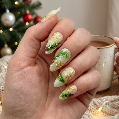 Luxury Christmas Press On Nails | Gold Snowflakes And Pine Accents Fake Nails | Festive Holiday Nail Polish | Seasonal Nail Art | HC650YC